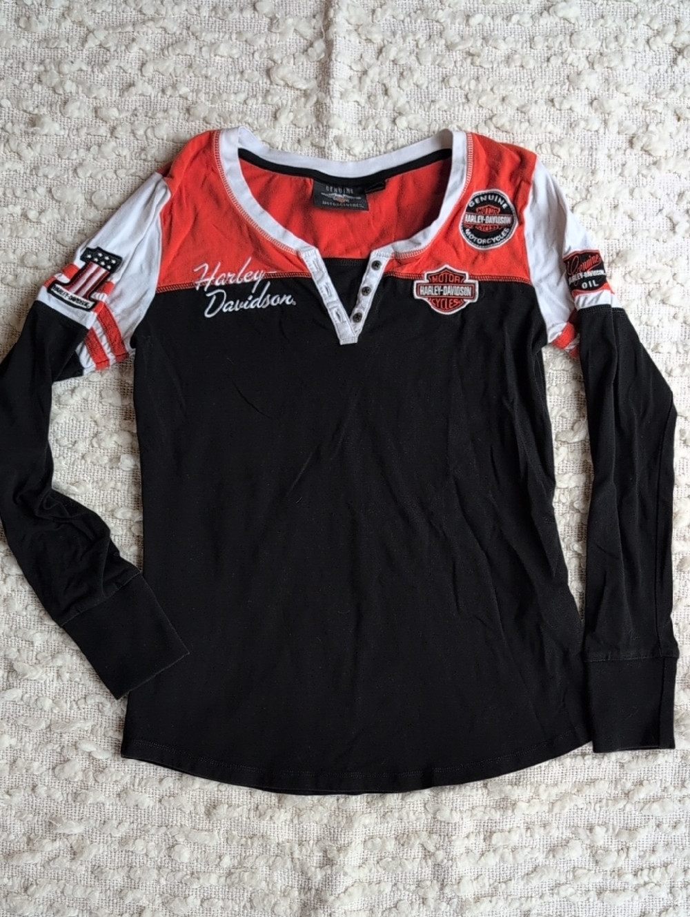 Harley Davidson Patch Long Sleeve Women's Small Henley Stretch Motorcycle Tee